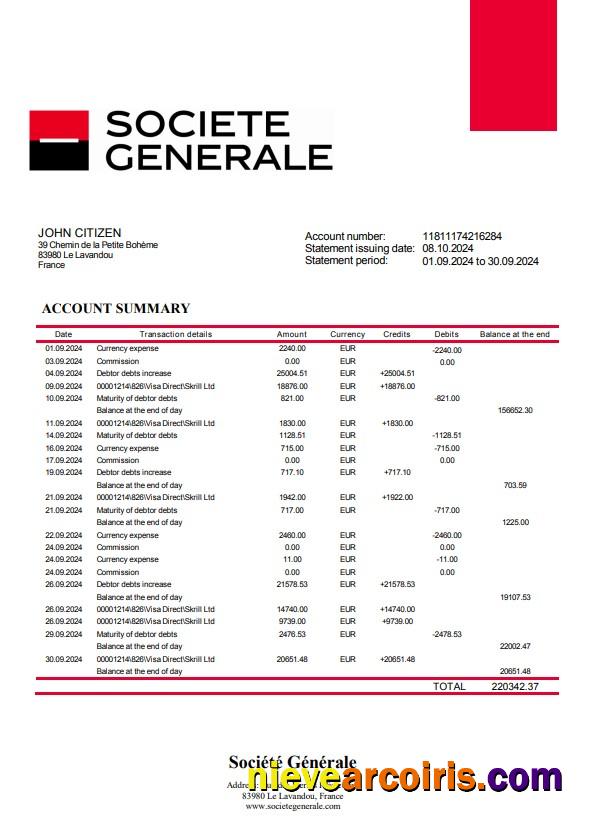 France Société Générale bank statement, Word and PDF format